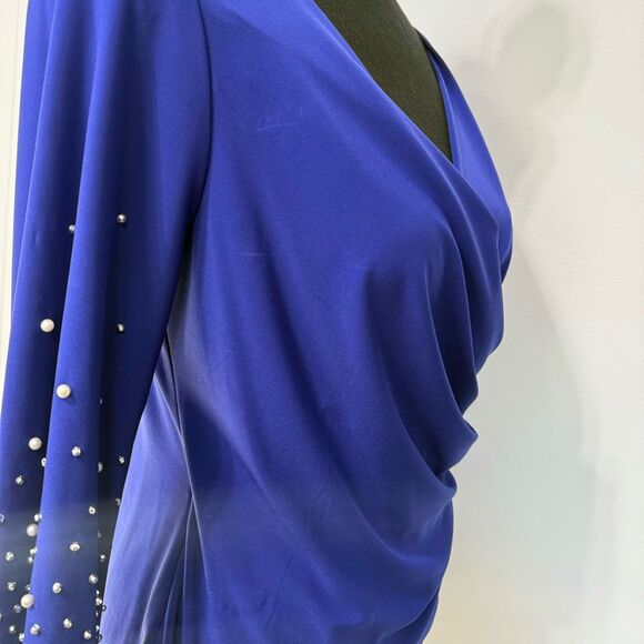 New Alex Evenings Petite Pearl Embellished Top Size SP Blue Women’s - Picture 6 of 13